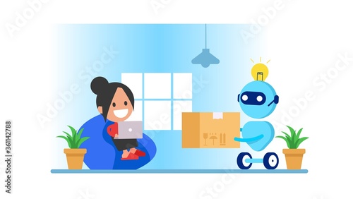 Modern Robot Courier Artificial Intelligence Technology. Online delivery. Buy home, get your package, Delivery.