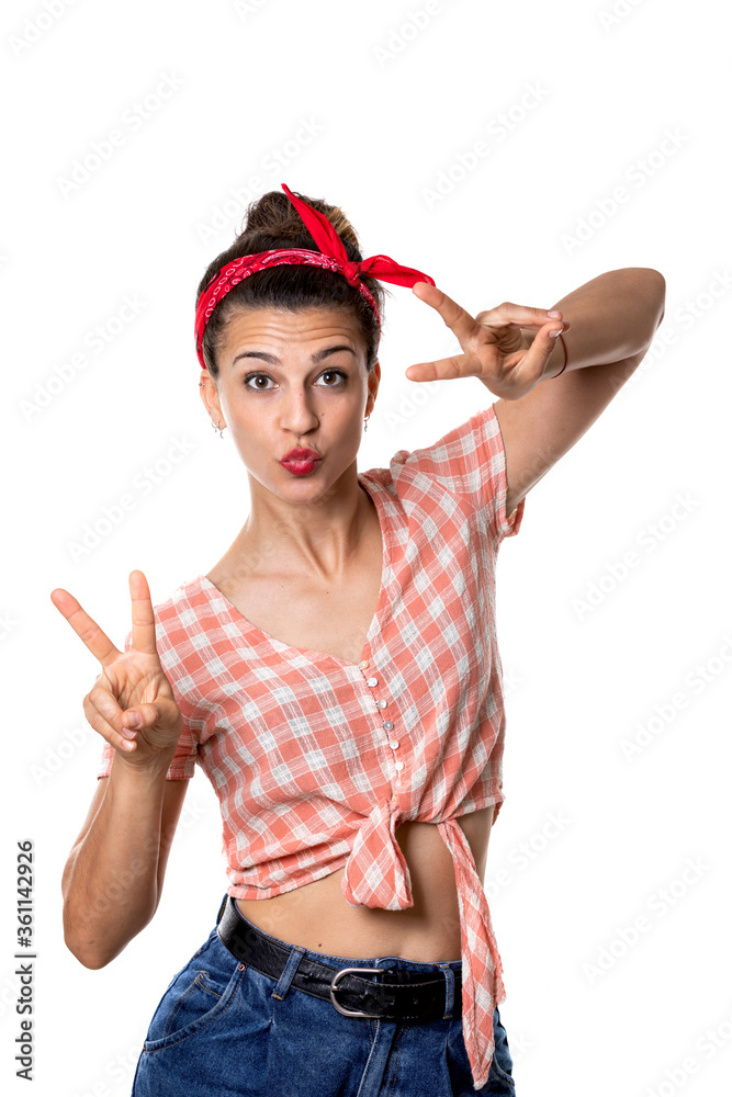 young and pretty woman with red shirt and headscarf on white background