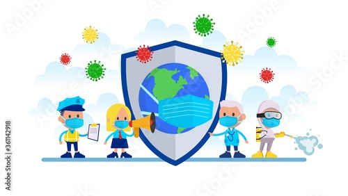 Different people protect the planet from the virus.