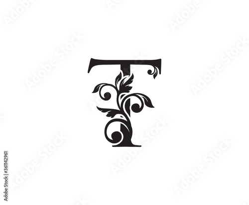 Vintage Letter T Logo. Classic T Letter Design Vector with Black Color and Floral Hand Drawn.