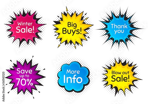 Winter sale, 70% discount and more info. Comic speech bubble. Thank you, hi and yeah phrases. Sale shopping text. Chat messages with phrases. Colorful texting comic speech bubble. Vector