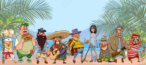 group of diverse cartoon characters stand on a tropical shore