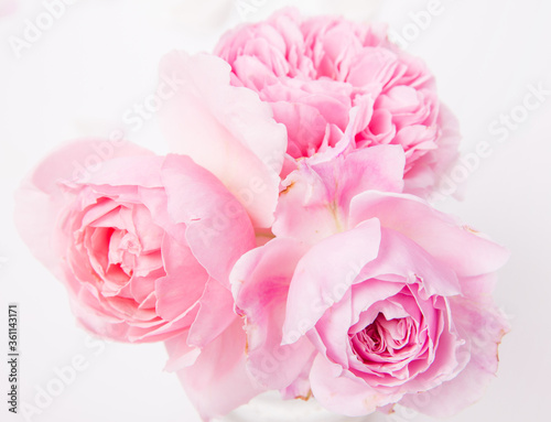 Festive flower composition on the white wooden background. Overhead view