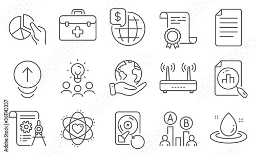 Set of Science icons, such as File, Atom. Diploma, ideas, save planet. Wifi, Divider document, Fuel energy. Swipe up, Pie chart, Ab testing. First aid, Recovery hdd, Analytics graph. Vector