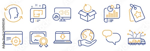 Set of Technology icons, such as Internet downloading, Face id. Certificate, save planet. Architectural plan, Loyalty tags, Report document. Return package, Chat message, Report statistics. Vector