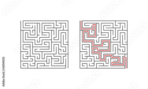 Labyrinth maze game for children. Geometric puzzle with solution. Vector illustration.