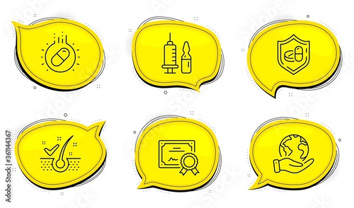 Medical tablet sign. Diploma certificate, save planet chat bubbles. Anti-dandruff flakes, Capsule pill and Medical vaccination line icons set. Healthy hair, Medicine drugs, Syringe vaccine. Vector
