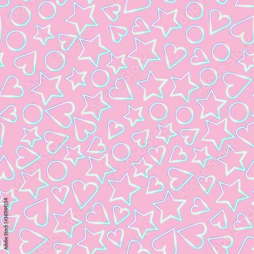 Pink color heart and star shapes. Seamless texture.