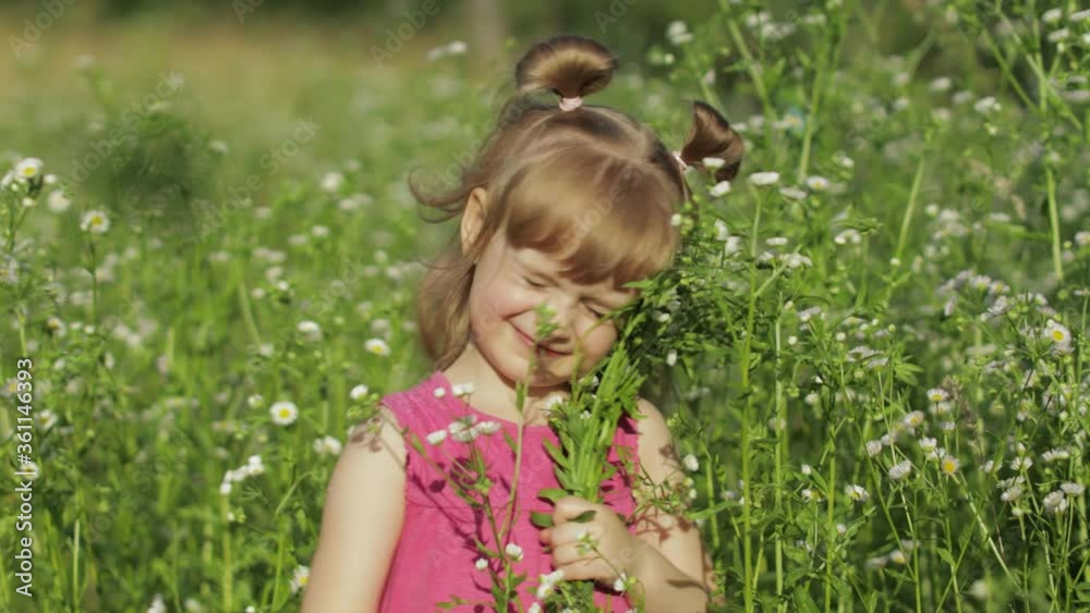Little blonde child girl in pink dress stay on flower chamomile grass meadow. Bouquet of daisies Little blonde child girl in pink dress stay on flower chamomile grass meadow. Bouquet of daisies
