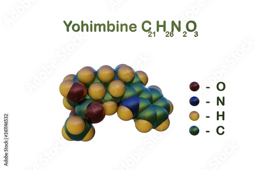 Structural chemical formula and space-filling molecular model of yohimbine, an indoloquinolizidine alkaloid derived from the bark of the Pausinystalia johimbe tree. 3d illustration photo