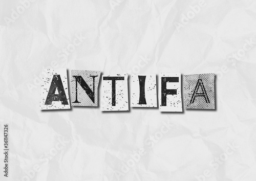 A black and white text collage graphic illustration on the concept of antifa, anti fascist protestors