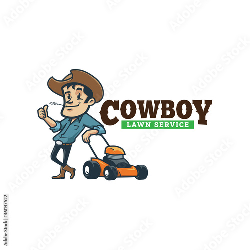 Cartoon cowboy vintage retro lawn service logo