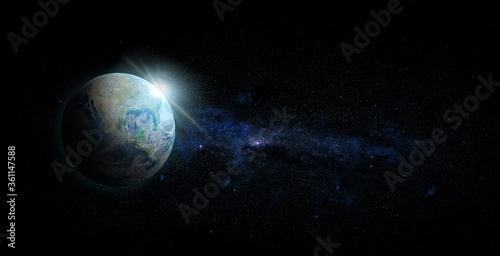 Fototapeta Naklejka Na Ścianę i Meble -  Planet Earth with sunrise on space background. Elements of this image furnished by NASA.