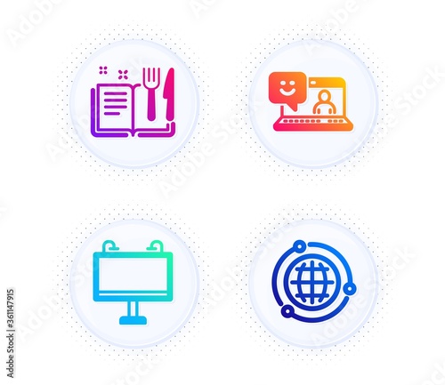 Road banner, Recipe book and Smile icons simple set. Button with halftone dots. Globe sign. Advertisement, Food, Laptop feedback. Internet world. Business set. Gradient flat road banner icon. Vector Free Download Road banner, Recipe book and Smile icons simple set. Button with halftone dots. Globe sign. Advertisement, Food, Laptop feedback. Internet world. Business set. Gradient flat road banner icon. Vector - GFXLoad