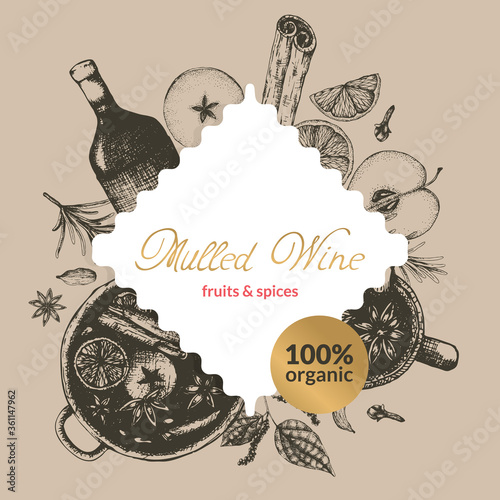 Vector illustration label for packaging old-style mulled wine condiment in vintage style. Ingredients for hot Christmas wine, hand-drawn, for packing dried fruits and spices.