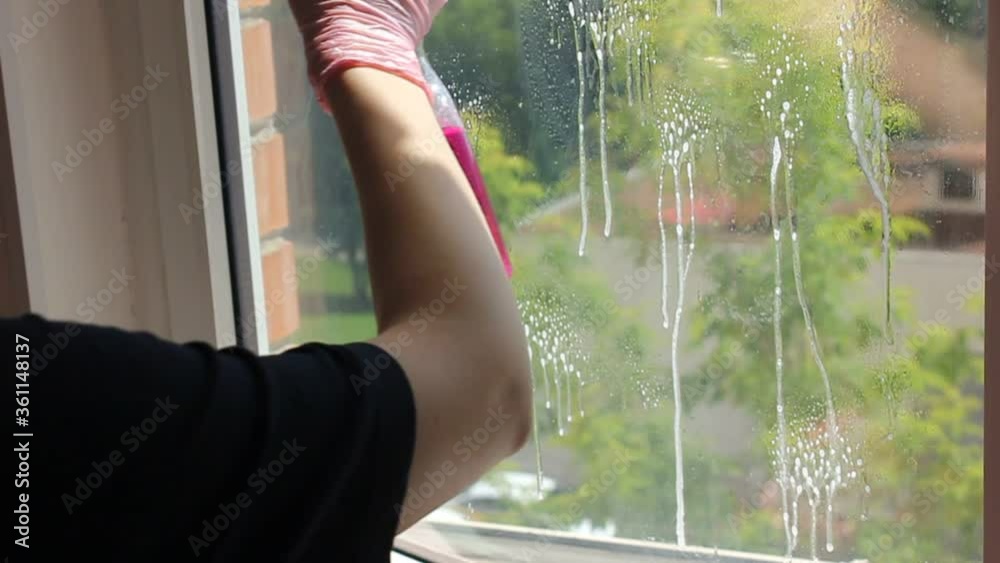 the girl washes the Windows.girl spray tool on the window. cleaning services the girl washes the Windows.girl spray tool on the window. cleaning services
