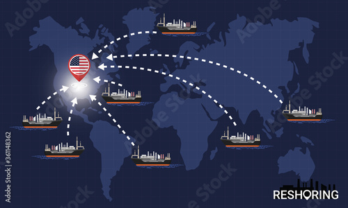 Reshoring concept. Factories companies return to USA. Self-sufficiency. Automated supply chain. Avoid production chain disruption. Design by freighter carry factory to moving on world map. Vector