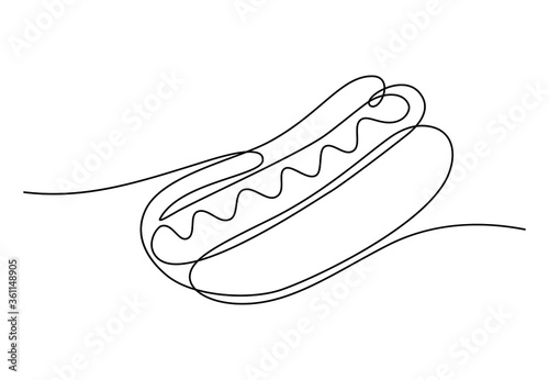Continuous one line drawing of American hot dog cafe logotype template concept. Fast food hotdog, food market logo emblem. Trendy single line draw design vector illustration