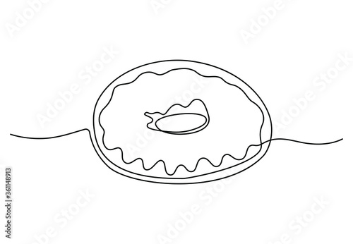 Donut continuous one line drawing for restaurant logo emblem. Doughnut cafe shop logotype, fast food concept. Vector illustration in modern style