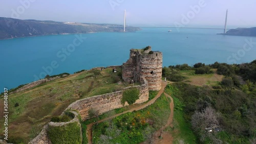 Aerial drone shot turning around the Yoros Castle. A Byzantine ruined castle at the confluence of the Bosphorus and the Black Sea
 photo