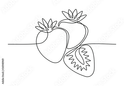 Single line drawing of organic strawberries for fruit garden icon. Fresh berries fruitage concept for orchard logo identity. Modern continuous line draw design vector illustration
