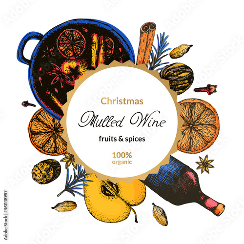 Vector illustration label for set of mulled wine condiment. Ingredients for hot Christmas wine, hand-drawn in color, for packing dried fruits and spices.