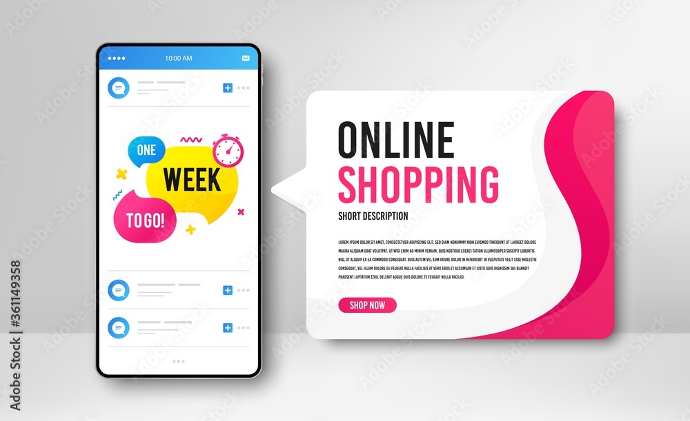 Phone banner template. One week offer bubble. Discount banner shape. Special offer icon. Social media banner with smartphone screen. Online shopping web template. One week promotion badge. Vector Phone banner template. One week offer bubble. Discount banner shape. Special offer icon. Social media banner with smartphone screen. Online shopping web template. One week promotion badge. Vector