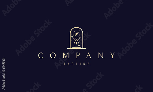 Vector golden logo on which an abstract image of the space gate behind which images of planets and stars on DNA strands.