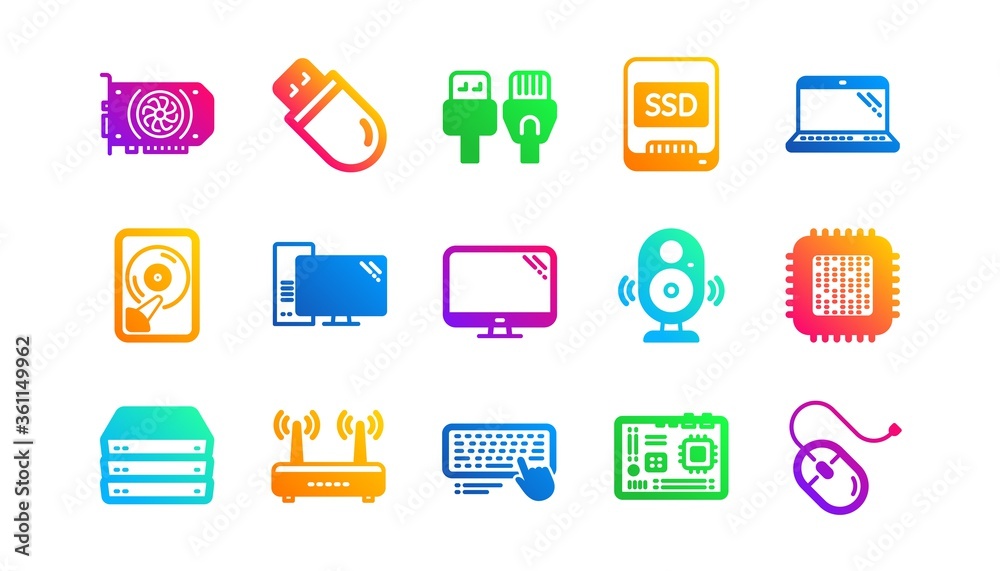 Motherboard, CPU and Laptop. Computer device icons. SSD memory classic icon set. Gradient patterns. Quality signs set. Vector Motherboard, CPU and Laptop. Computer device icons. SSD memory classic icon set. Gradient patterns. Quality signs set. Vector