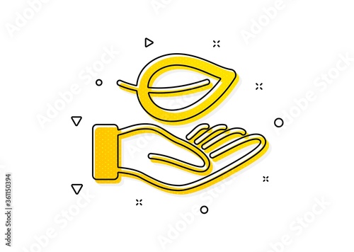 Grow plant sign. Leaf icon. Environmental care symbol. Yellow circles pattern. Classic leaf icon. Geometric elements. Vector