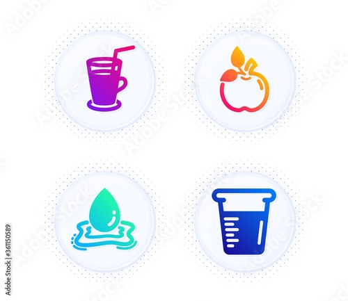 Eco food  Water splash and Cocktail icons simple set. Button with halftone dots. Cooking beaker sign. Organic tested  Aqua drop  Fresh beverage. Water. Food and drink set. Vector