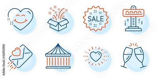 Champagne glasses, Heart and Love letter signs. Attraction, Carousels and Gift line icons set. Sale, Smile face symbols. Free fall, Attraction park. Holidays set. Outline icons set. Vector