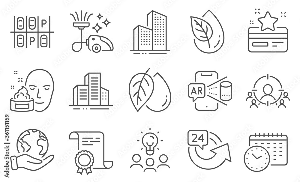 Set of Business icons, such as Business targeting, Mineral oil. Diploma, ideas, save planet. 24 hours, Buildings, Face cream. Loyalty card, Skyscraper buildings, Vacuum cleaner. Vector Set of Business icons, such as Business targeting, Mineral oil. Diploma, ideas, save planet. 24 hours, Buildings, Face cream. Loyalty card, Skyscraper buildings, Vacuum cleaner. Vector