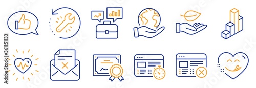 Set of Business icons, such as Heartbeat, Reject web. Certificate, save planet. Business portfolio, Yummy smile, Recovery tool. Reject letter, Leaf, 3d chart. Web timer, Feedback line icons. Vector