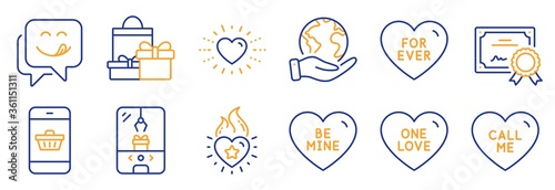 Set of Holidays icons, such as Heart flame, Crane claw machine. Certificate, save planet. One love, Call me, Smartphone buying. Be mine, For ever, Heart. Yummy smile, Shopping line icons. Vector
