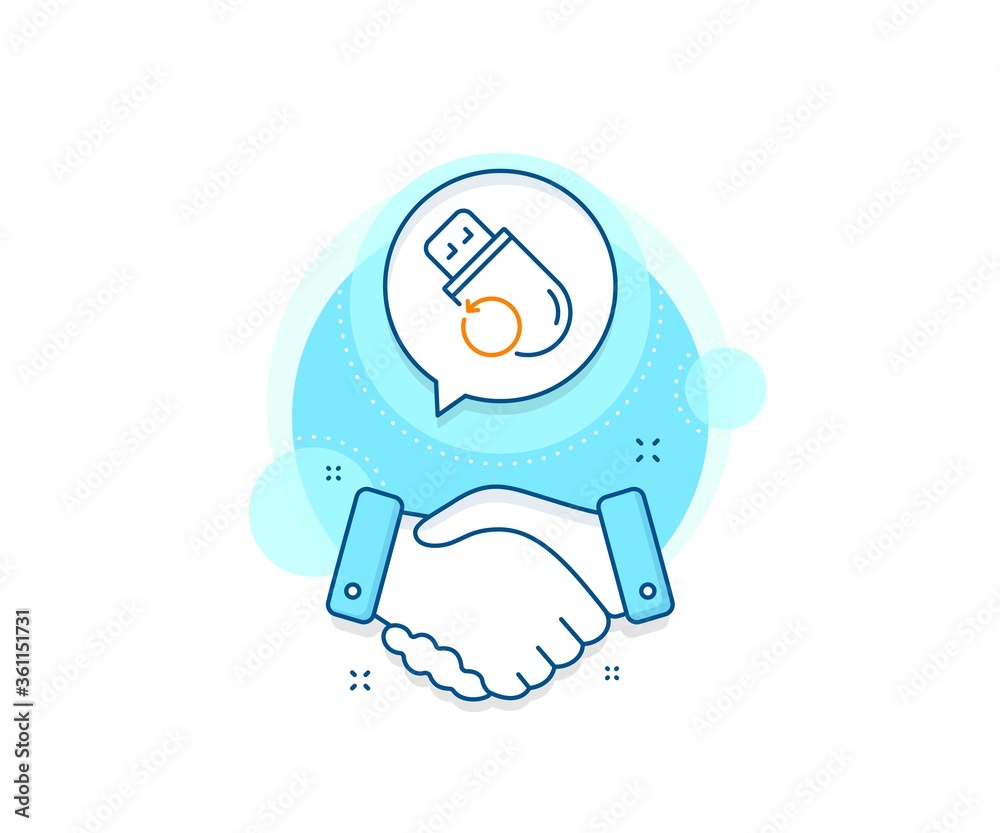 Obraz premium Backup data sign. Handshake deal complex icon. Recovery usb memory line icon. Restore information symbol. Agreement shaking hands banner. Flash memory sign. Vector