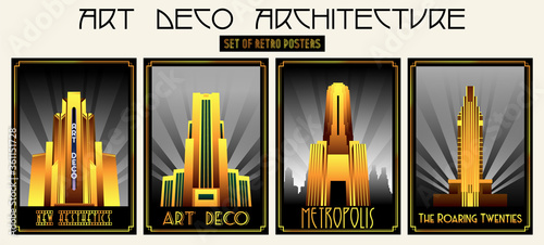 Art Deco Architecture 1920s Style Poster Set, Golden Skyscrapers, Metropolis Stylization, The Roaring Twenties Placards