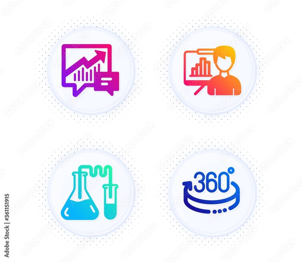 Accounting, Chemistry lab and Presentation board icons simple set. Button with halftone dots. 360 degrees sign. Supply and demand, Medical laboratory, Growth chart. Full rotation. Science set. Vector