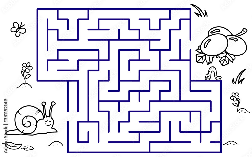 Black coloring pages with maze Cartoon snail and grapes Kids