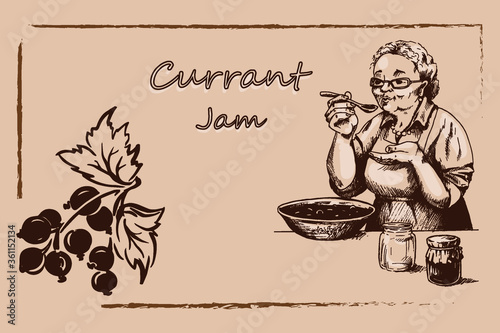 vintage jam labels, grandmother prepares currant jam, sketch, doodle, vector illustration