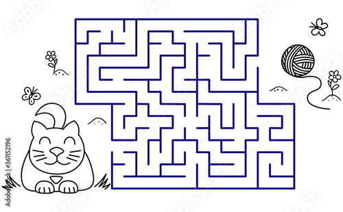 Black coloring pages with maze. Cartoon cat and clew. Kids education art game. Template design with pet on white background. Outline vector