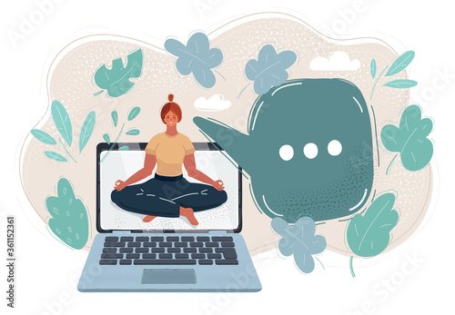 Vector illustration of young woman in attend yoga with laptop.