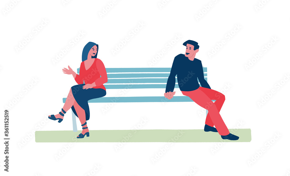 Couple on the bench in city park, comfortable public space or nature place.