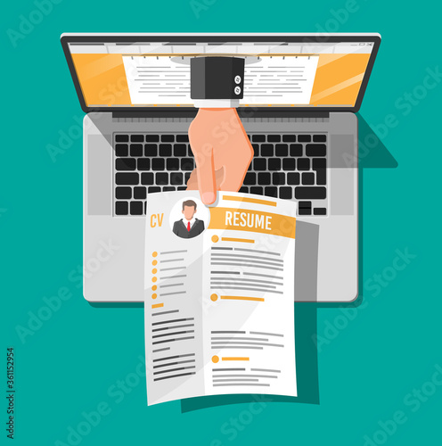 Job resume document out from laptop. Hand holding cv resume papers. Human resources management concept, searching professional staff, work. Found right resume. Vector illustration in flat style