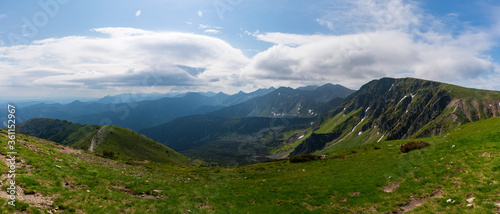 Fototapeta Naklejka Na Ścianę i Meble -  Panoramic photo of summer mountain of Tatra ridge, Slovakia, summer in the mountains. Travel and hike