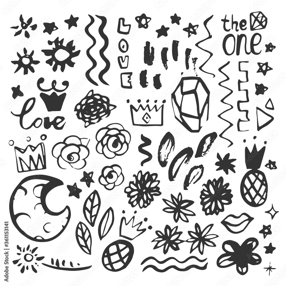 Plakat Hand drawn nature elements, great design for any purposes. Vector sketch illustration. Logo element illustration background. Flower background illustration. Icon collection.