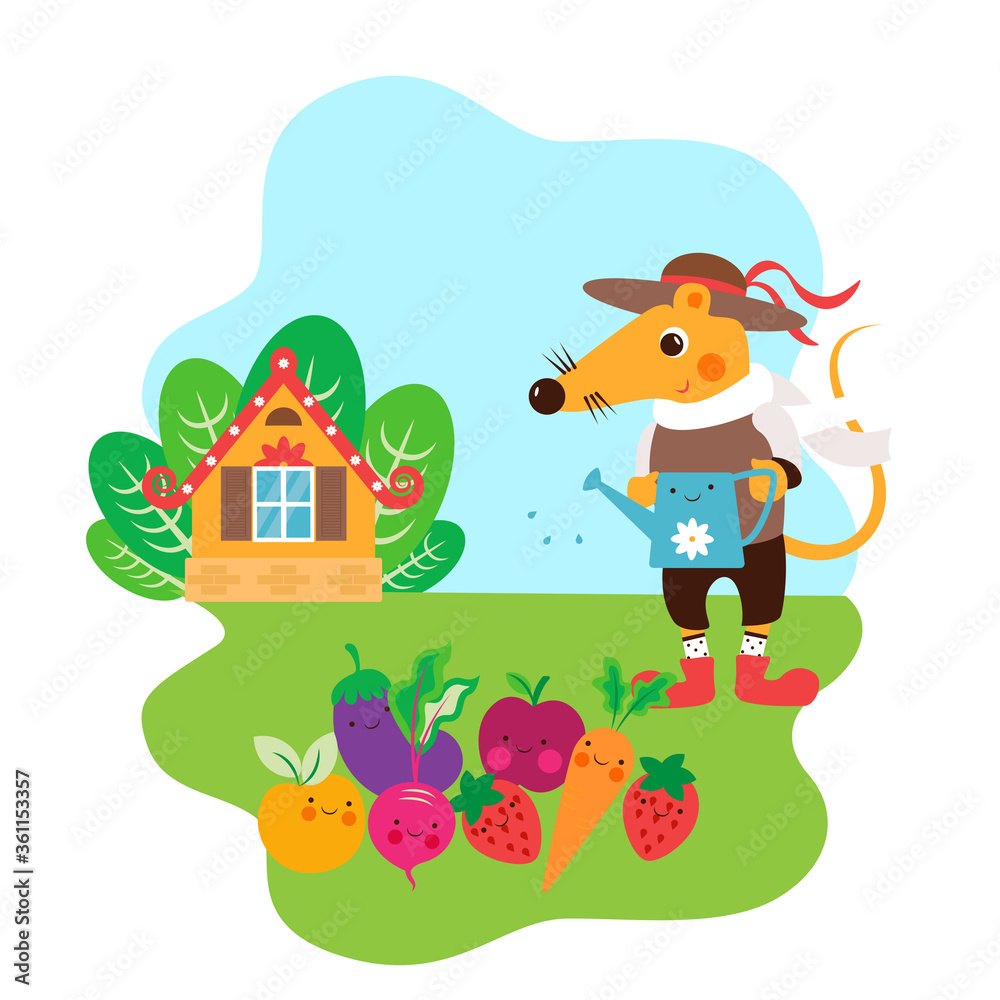 Cute mouse holding basket with vegetables and fruits. rat cartoon flat vector illustration.