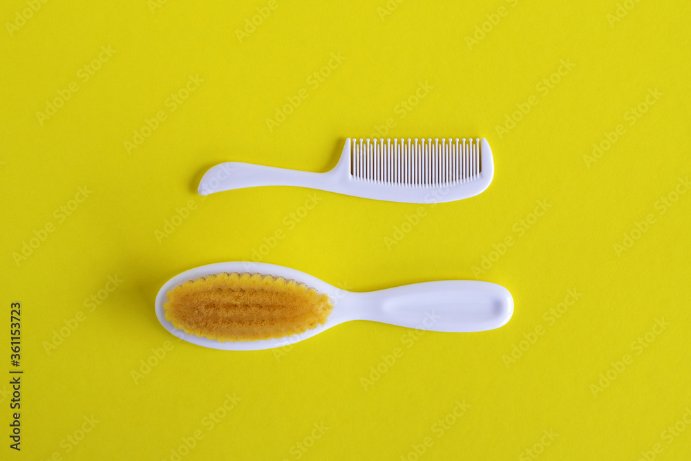 custom made wallpaper toronto digitalWhite hairbrush and comb for baby on white background, flat lay with copy space. Baby care concept.