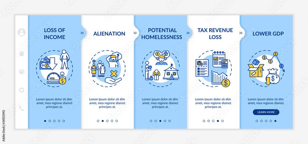 Unemployment consequences onboarding vector template. Negative effects of joblessness, labor crisis results. Responsive mobile website with icons. Webpage walkthrough step screens. RGB color concept