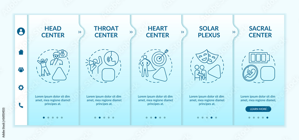 Energy centers onboarding vector template. Chakra position on body. Spiritual knowledge. Human design. Responsive mobile website with icons. Webpage walkthrough step screens. RGB color concept
